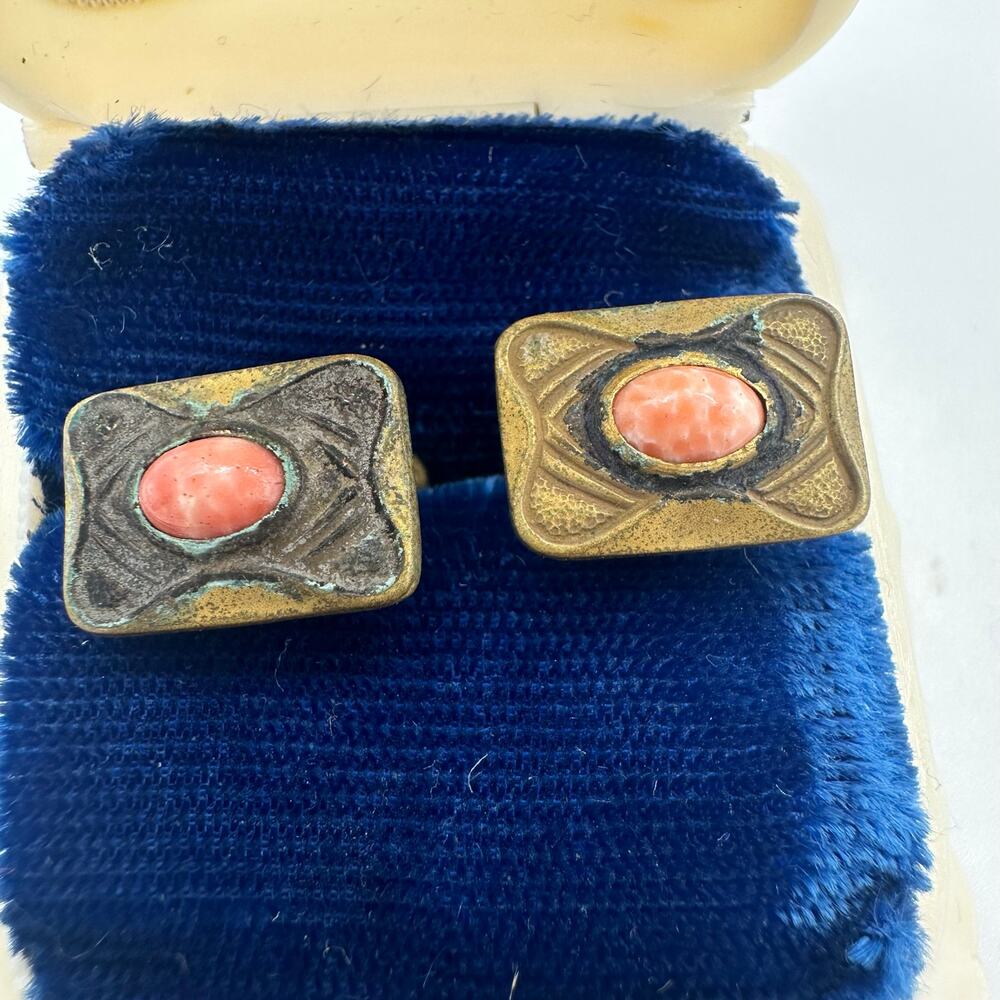 Antique Victorian Arts & Crafts gold tone peach art glass bean back cufflinks - Picture 2 of 8
